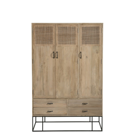 Armoire 3 portes 4 tiroirs rotin tissé bois manguier naturel