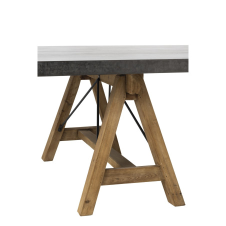 Table de salon industriel pieds tréteaux bois naturel et plateau métal zinc