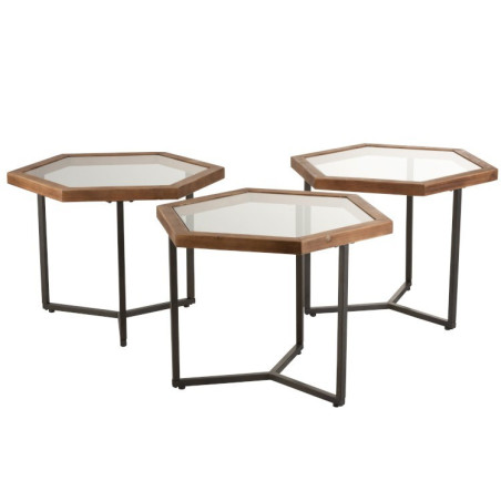 Set de 3 Tables D'appoint Hexagone Verre/Bois Jolipa