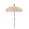 Parasol Exotique Floche sur pied en bois et tissu beige clair coquillages et pompons