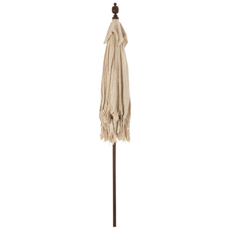 Parasol Exotique Floche sur pied en bois et tissu beige clair coquillages et pompons
