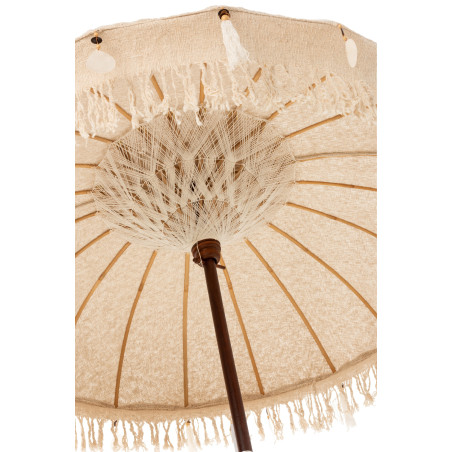 Parasol Exotique Floche sur pied en bois et tissu beige clair coquillages et pompons