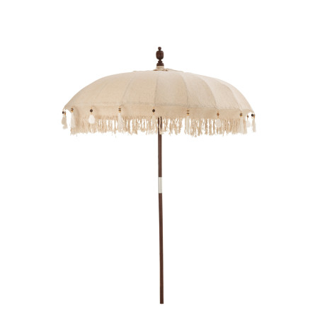 Parasol Exotique Floche sur pied en bois et tissu beige clair coquillages et pompons