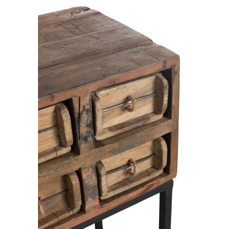 Console exotique 8 tiroirs en bois recyclé marron vieilli sur socle